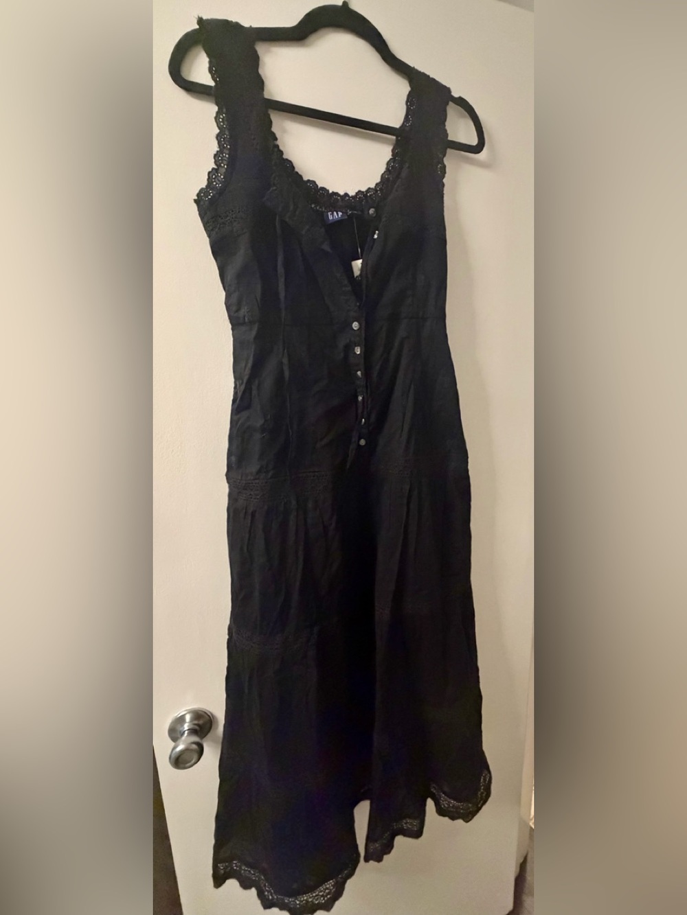 GAP Black Lace-Trim Button Front Maxi Dress